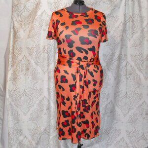 NWT Boutiquefeel Orange Leopard Print S/S Dress XL Tied Front 2 Slits